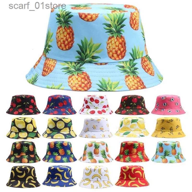 Cappelli a tesa larga Cappelli a secchiello Uomo Donna Frutta fresca Cappello da pescatore Ciliegia Limone Ananas Banana Frutta tropicale Cappello a secchiello in cotone Bob Gorros Beach Travel CsL231216