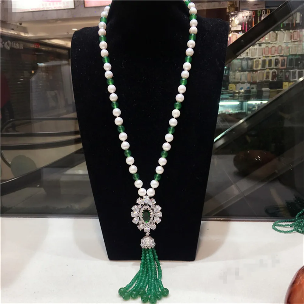 Hand knotted new natural 9-10mm white freshwater pearl inlaid green stone long tassel necklace sweater chain fashion jewelry