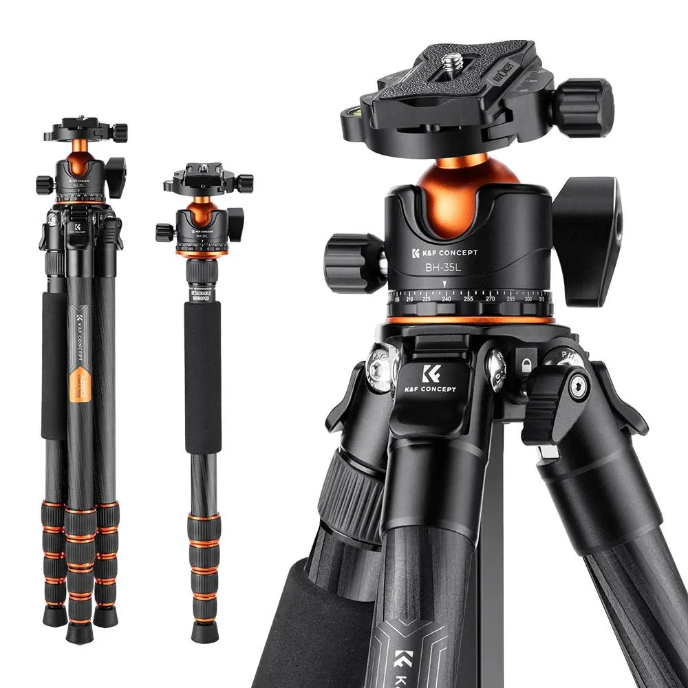 Titulares K f Conceito Profissional CAMcorder Carbon Fiber Tripé para DSLR Stand 15kg/33lbs Carga máxima com fotografia de cabeça de bola de 360 ​​°