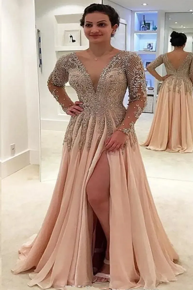 Deep V Neck Prom Dress 2019 - V Back Evening Gown, Champagne Color, Size 16, Style BD558 - View #10