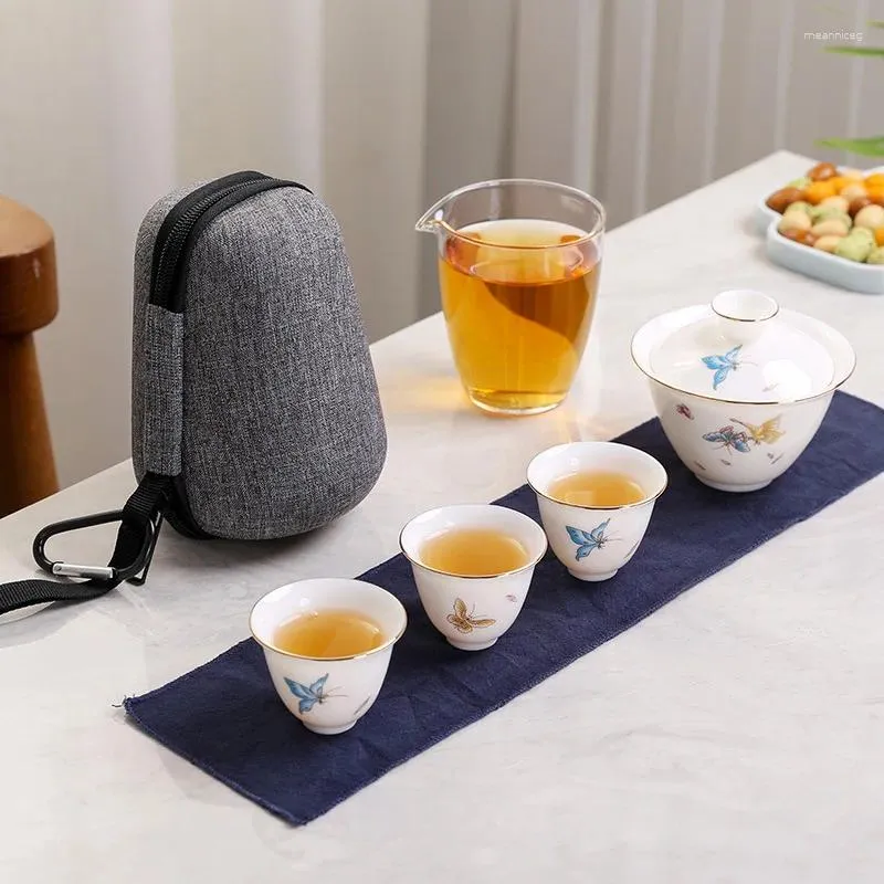 Service à thé Gaiwan en porcelaine de Jade peinte à la main, théière en céramique avec 3 tasses de thé, ensemble de voyage Portable, sac de verres, 2023