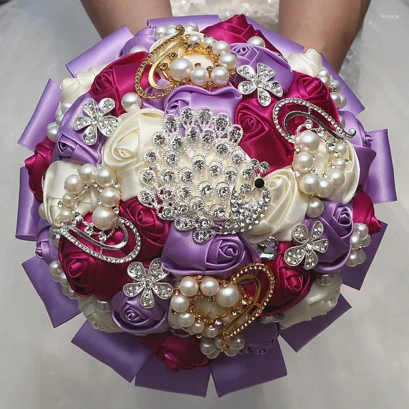 Fiori nuziali Fucsia Viola Bouquet Nastro di pizzo Strass artificiali Cristallo Accessorio Quinceanera W2291