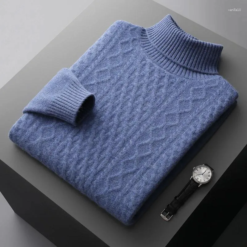 Maglioni da uomo Autunno e inverno Lana merino Collo alto Maglione jacquard spesso a doppio filo Maglia con fondo lavorato a maglia