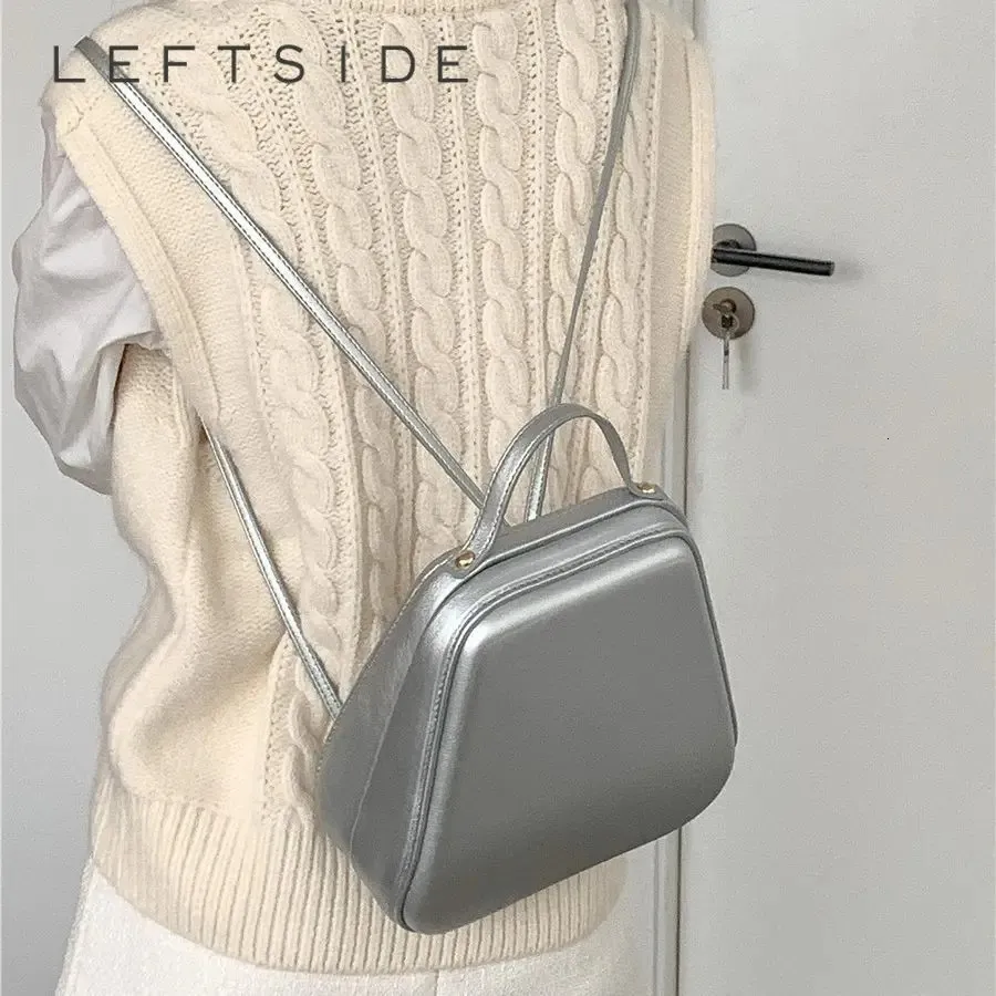 Evening Bags LEFTSIDE 2023 Silver Small Back Pack PU Leather Korean Fashion Backpack for Women Girl Solid Color School Book 231216