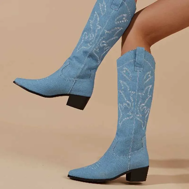 Designer Embroidery Western Knee-High Boots Women pekade Toe Low Heels Party Dress Shoes Summer Autumn Booties 230922