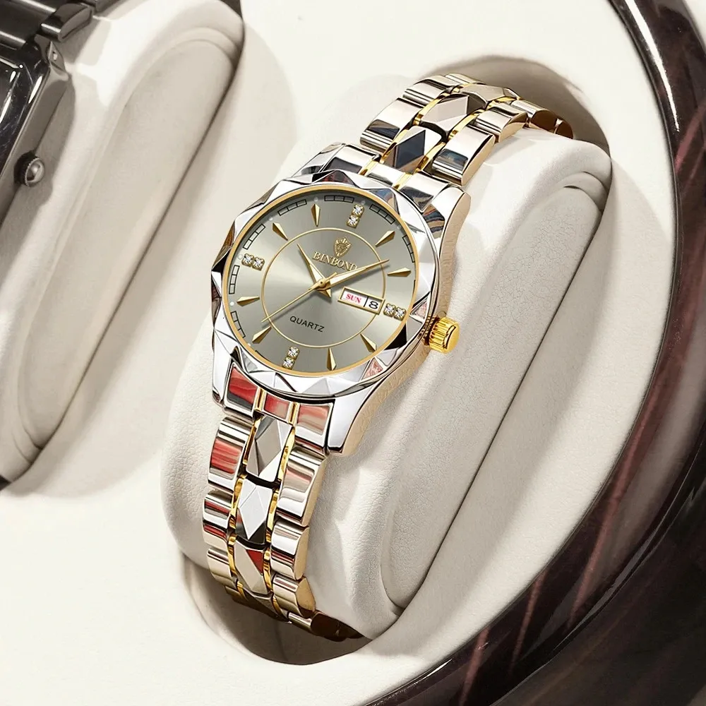 Inne zegarki Binbond Japan Quartz Ruch Golden Women Top Brand Luksusowy pasek ze stali nierdzewnej Tydzień Zegarek Zegar ReliOJ Hombre 231216