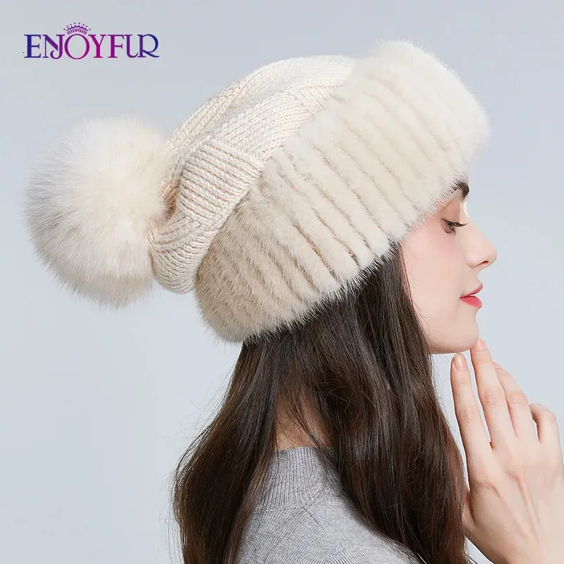 BeanieSkull Caps ENJOYFUR hiver vison fourrure tricoté laine chapeaux pour femmes renard fourrure pompon slouchy bonnets mode chaud style casquettes pour les jeunes 231215