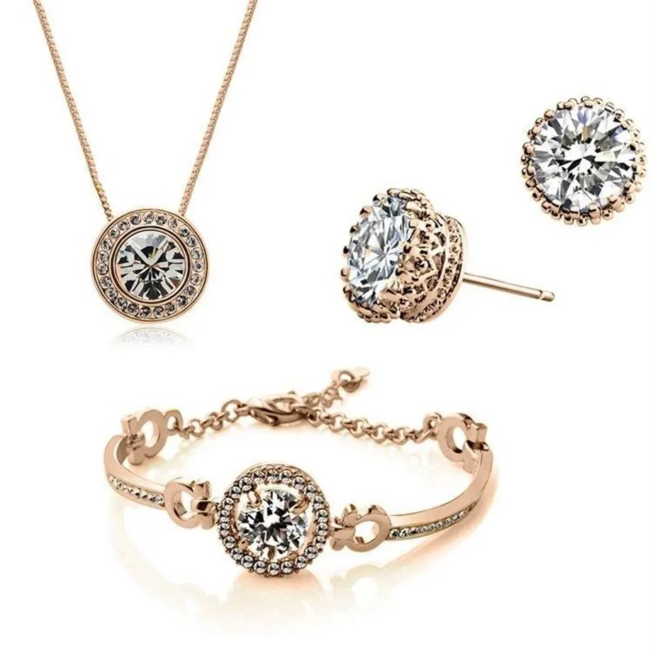 Drop Ship 18k Gold Plated Austrian Crystal Necklace Armband örhängen smycken Set för kvinnor damer kvinnliga bröllop smycken 3 st set2487