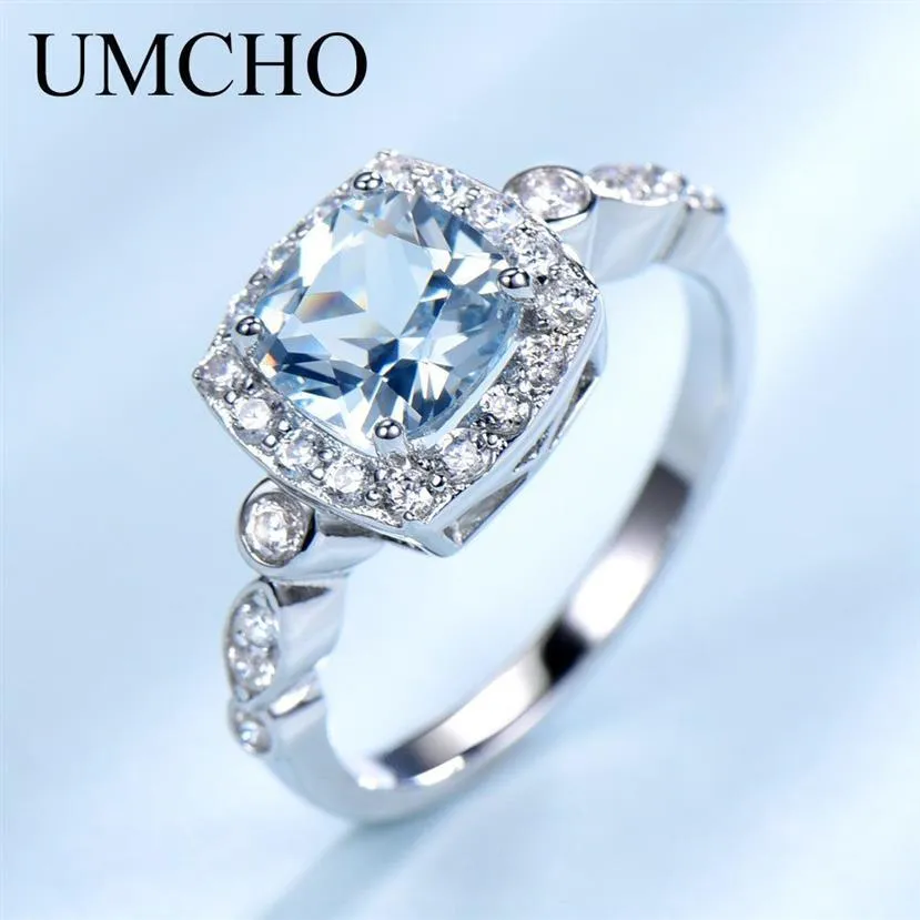 Umcho real s925 anéis de prata esterlina para mulheres azul topázio anel pedra preciosa aquamarine almofada presente romântico jóias de noivado y1905251t