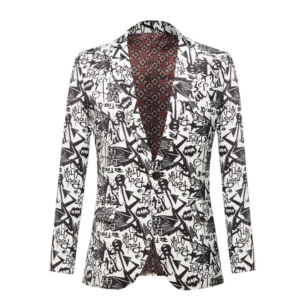 Men's Suits Blazers Men's Black Fashion Suit Jacket Wedding Groom Stage Singer Prom Slim Fit Blazers Black White Printed Suit Jacket Coat 231215