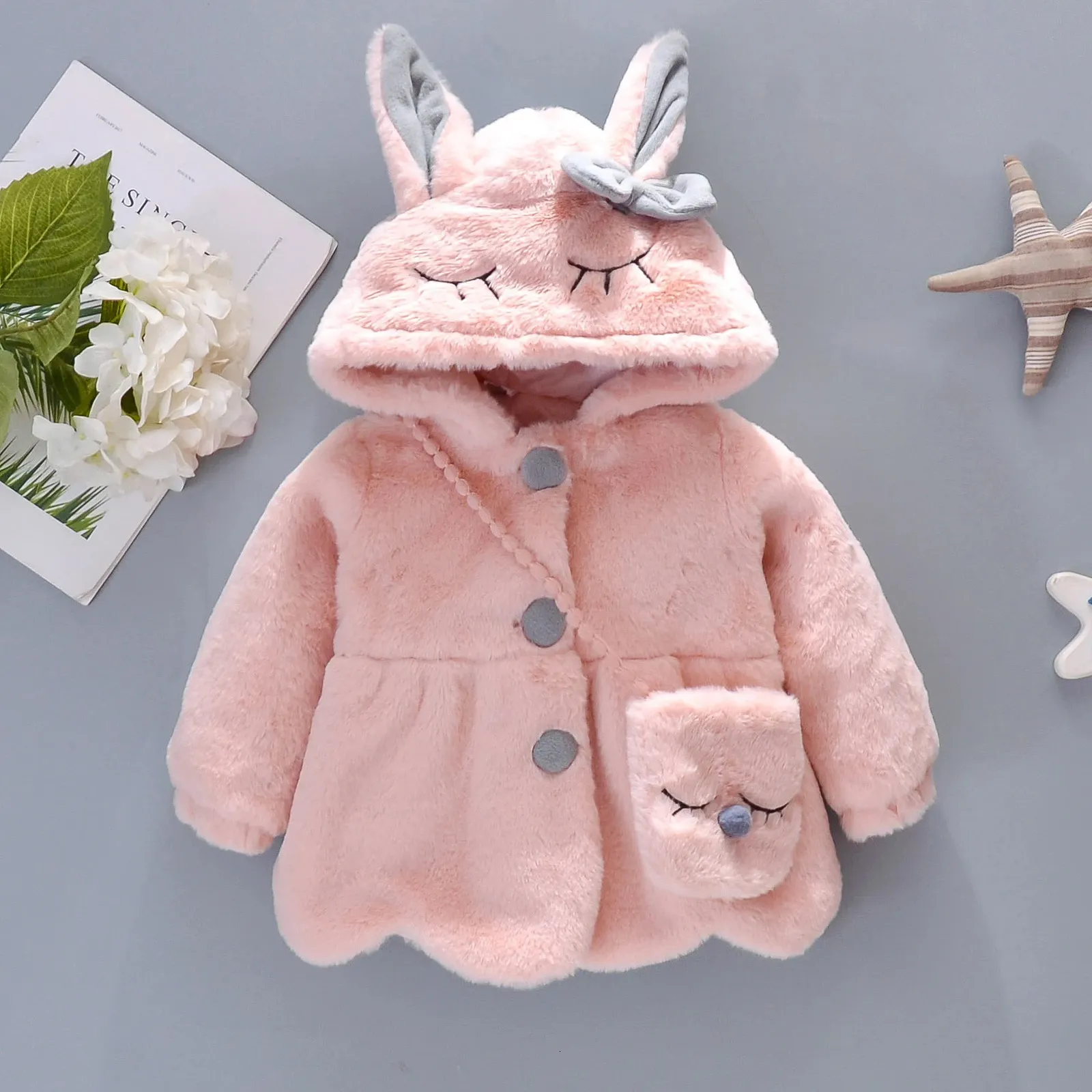 Jackets Autumn and Winter Girls' Wool Sweater Coat Children's Bow Long Ear Hooded Light Yarn Thread Clip Thin Cotton Outwear 231215