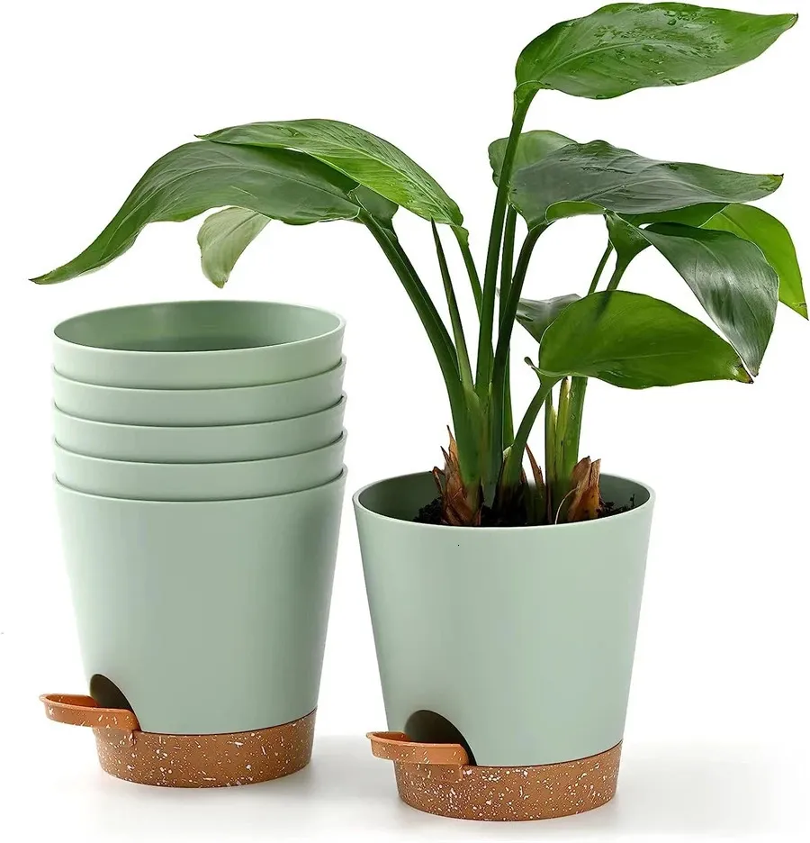 Planters krukor 5pack 5 tum självvattning för inomhusväxter blomma planter med dräneringshål och wick rep y231215