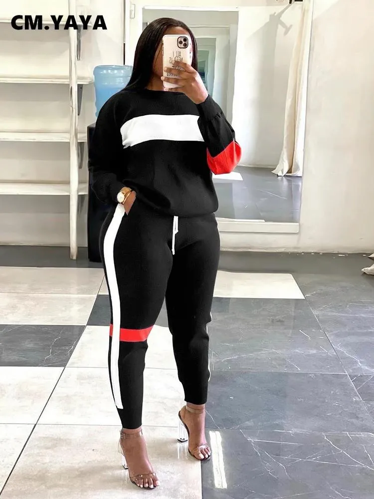 Capris Cm.yaya Active Two 2 Pieces Set for Women Fall Winter Fiess Outfit Pullover Sweatshirt + Jogger Pants Sporty Street Tracksuit