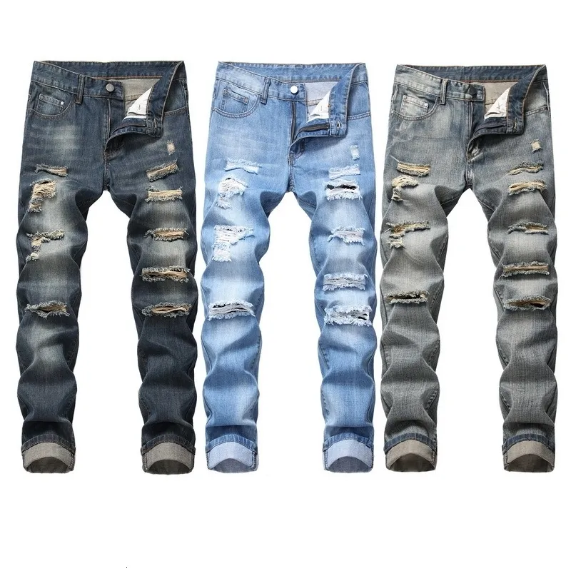 Män s jeans smala fit denim byxor byxor nostalgiska trasiga märke rippade mode rak män hip hop tiggare manliga hål ljusblå 231215