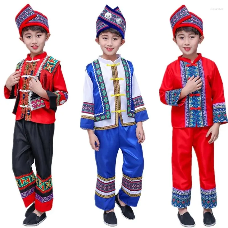 Bühnenkleidung Kinder Altes chinesisches Hmong Miao Kostüm Traditionelles Festival Performance Waer Jungen Print Folk Hanfu Kleid Kleidungsset