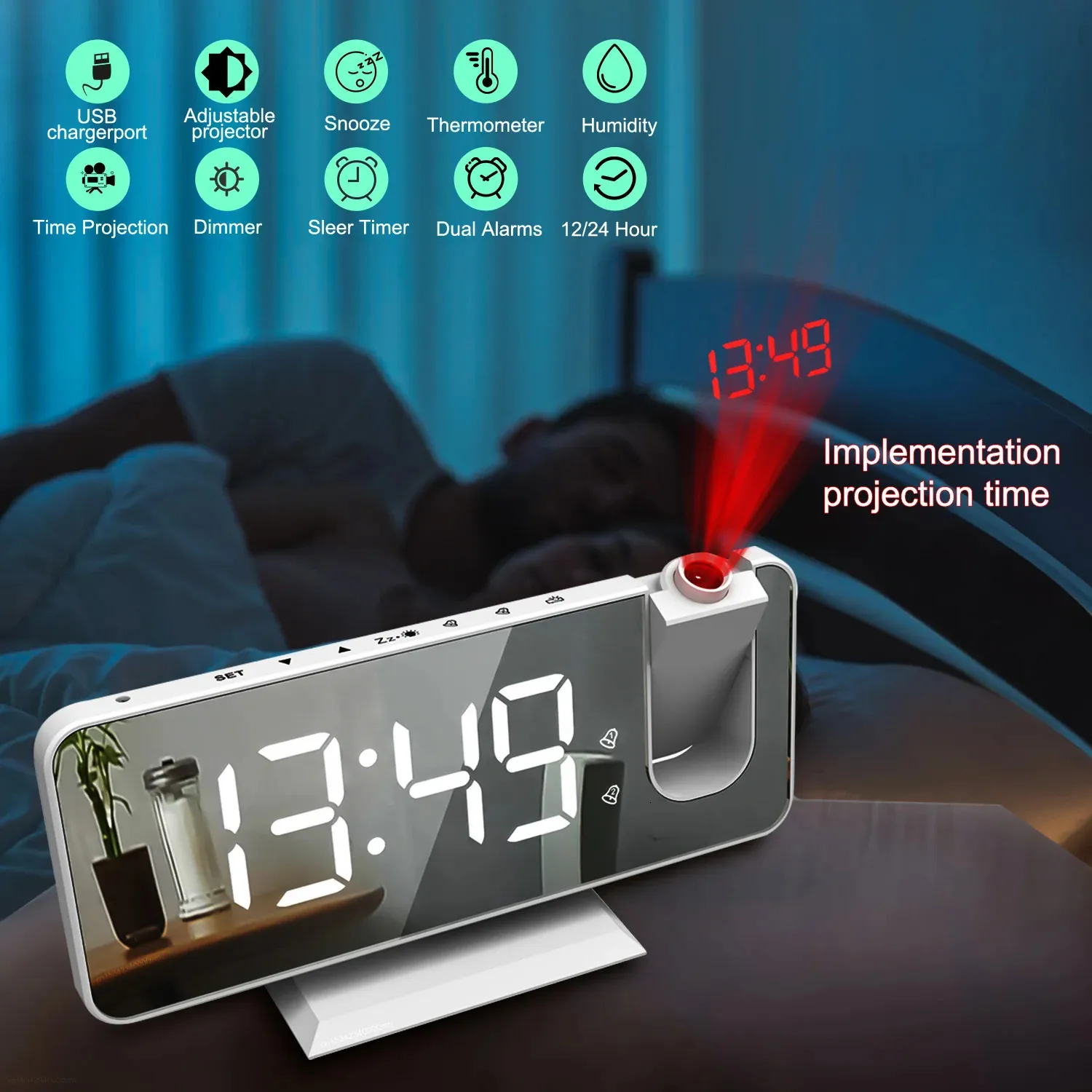 Zegary stolika biurka Radio LED Digital Smart Alarm Watch Electronic Desktop USB Obudź się z Projekcją czasu 180 °