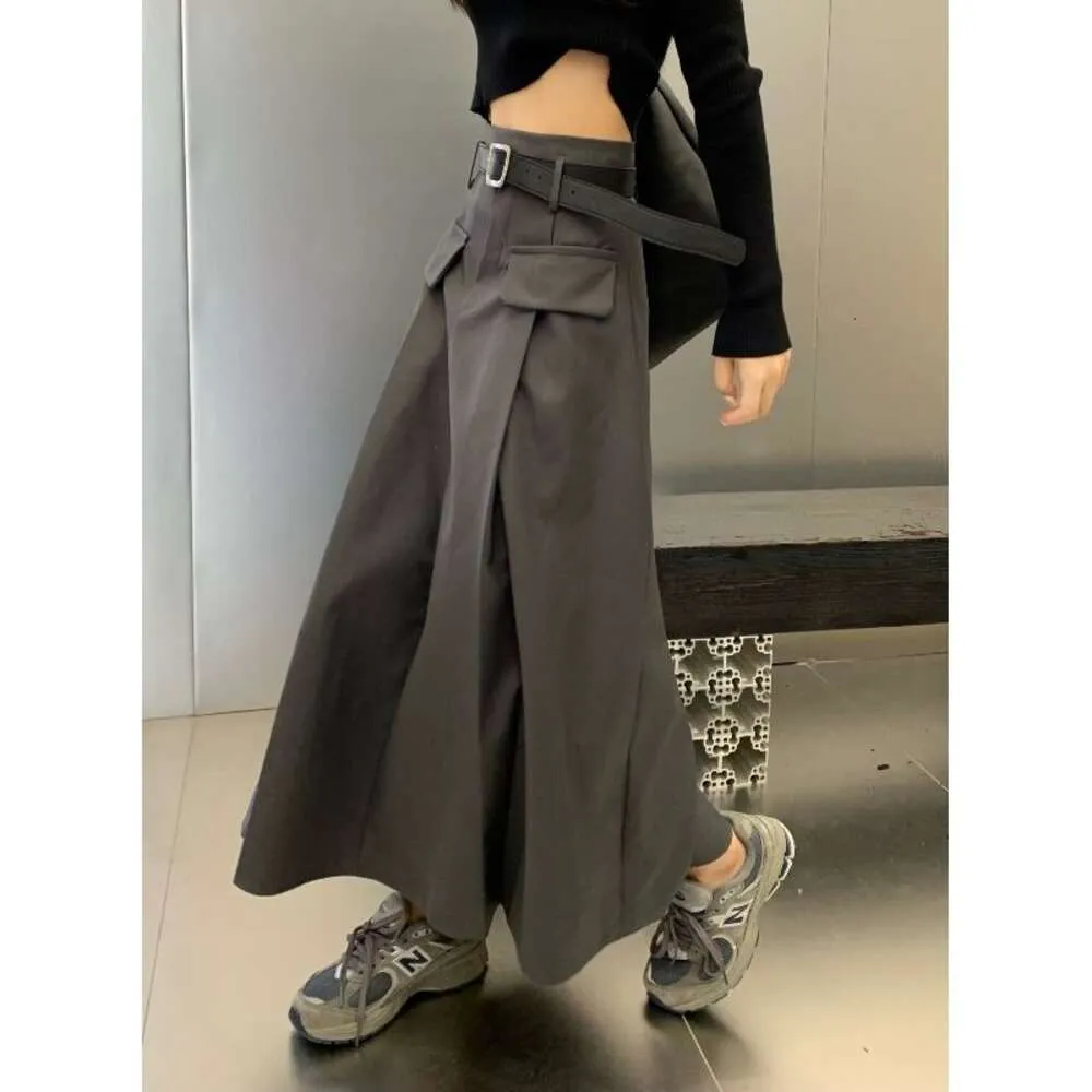 American Grey Pleated Female Spring and Summer High-grade Suit Y2K Retro High Waist Slim New Long A-word Skirt