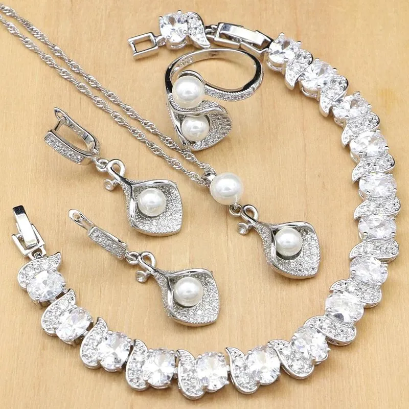 Set Set di gioielli da sposa Corno Sier Perle di zirconi bianchi Perline per orecchini da festa da donna con pendente/collana/anello/bracciale in pietra