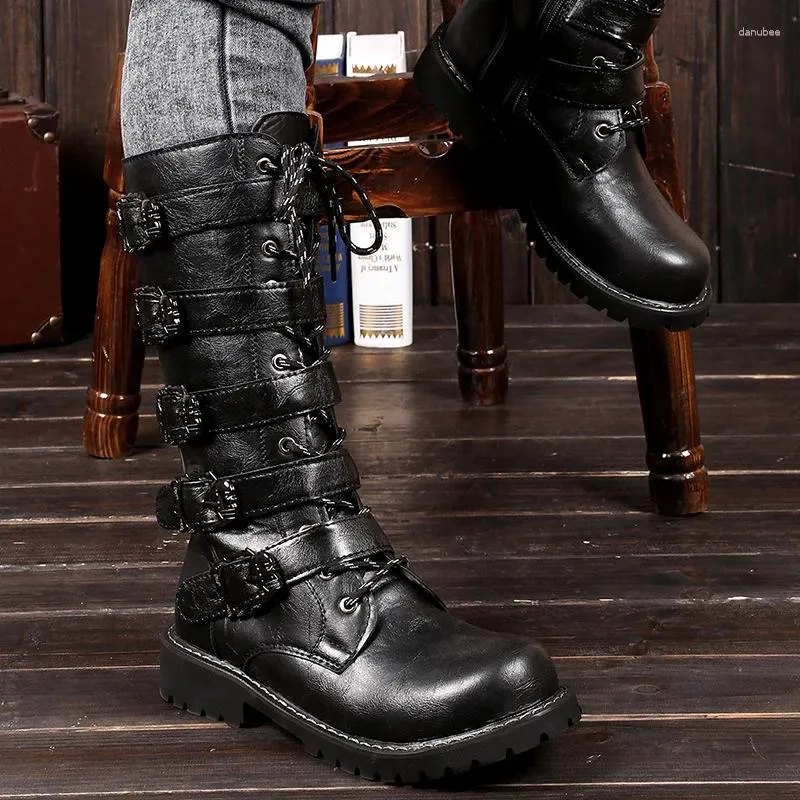 Ботинки, мужские мотоциклетные ботинки с пряжкой на ремне, большие размеры, высокие туфли на шнуровке с боковой молнией, кожаные ботинки с круглым носком, Botines De Hombres