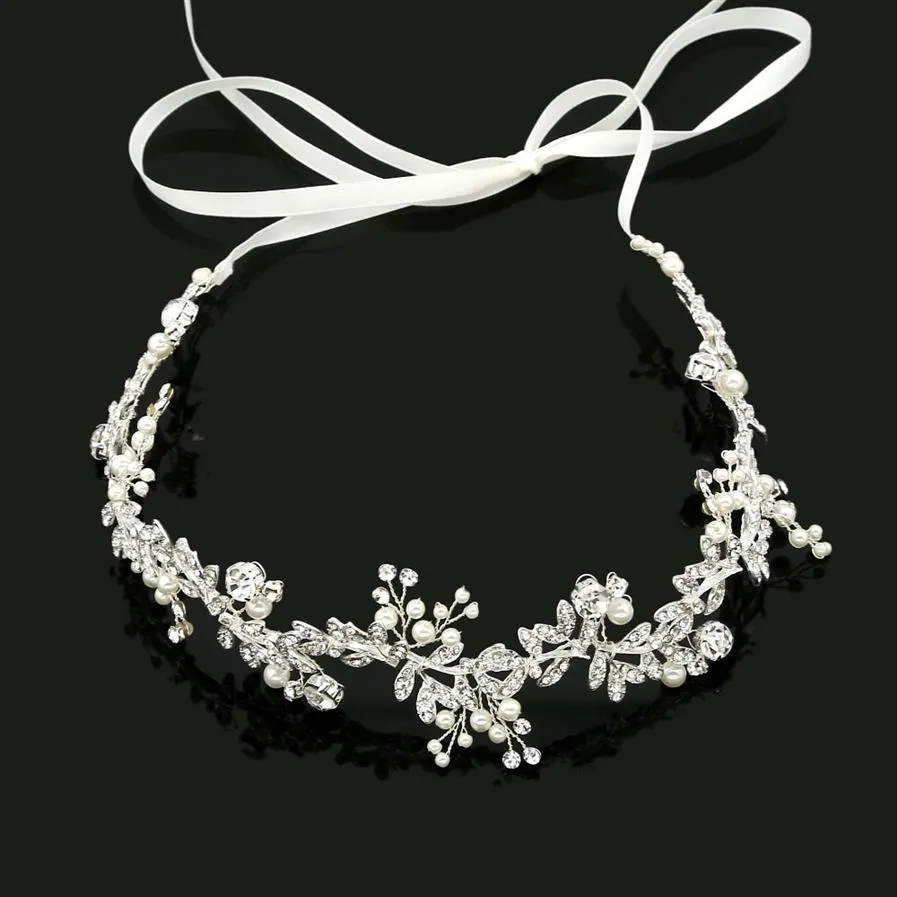 SLBRIDAL ruban fait à la main en alliage de strass filaires cristaux perles fleur feuille bandeau de mariage cheveux de mariée accessoires de cheveux de vigne W0206B