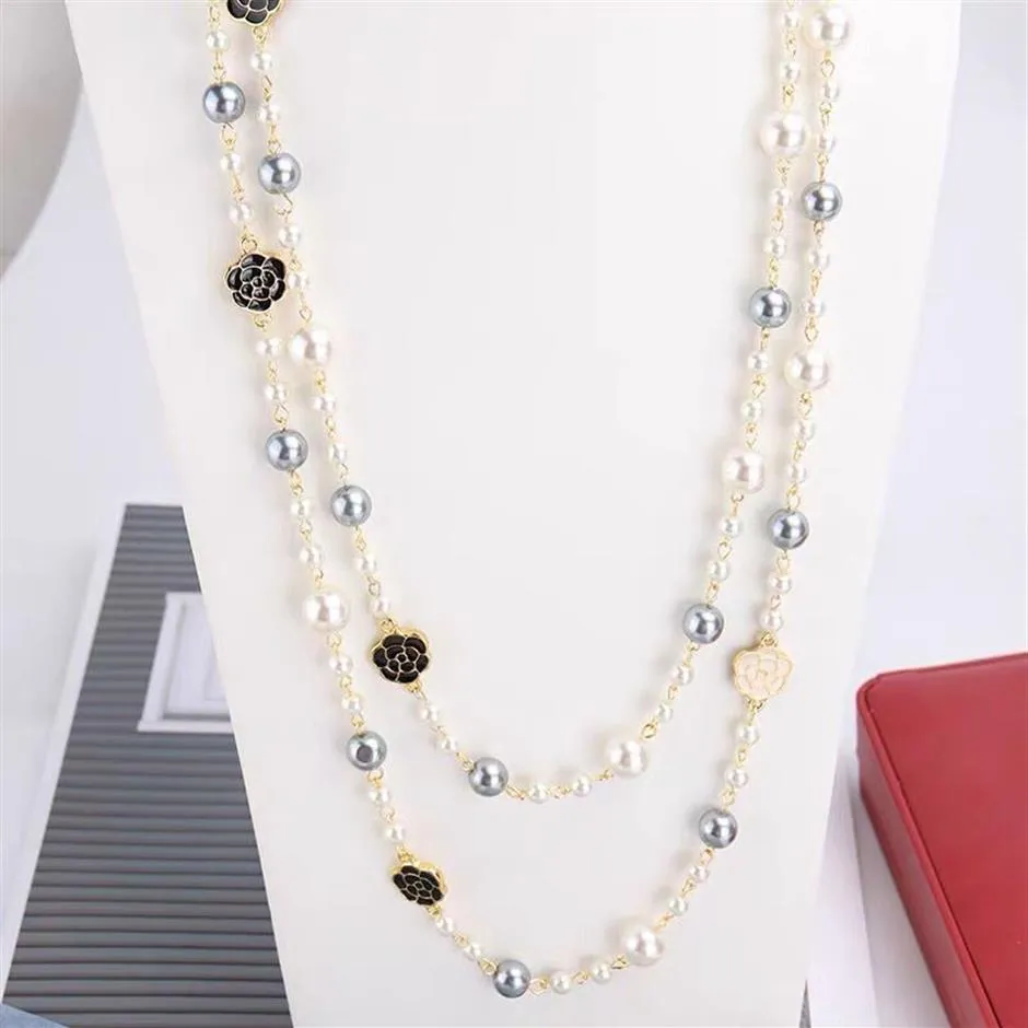 Cały luksusowy projektant klasyczny styl elegancki kamelia kwiatowy łańcuch perłowy długi sweter Naszyjnik dla kobiety245b