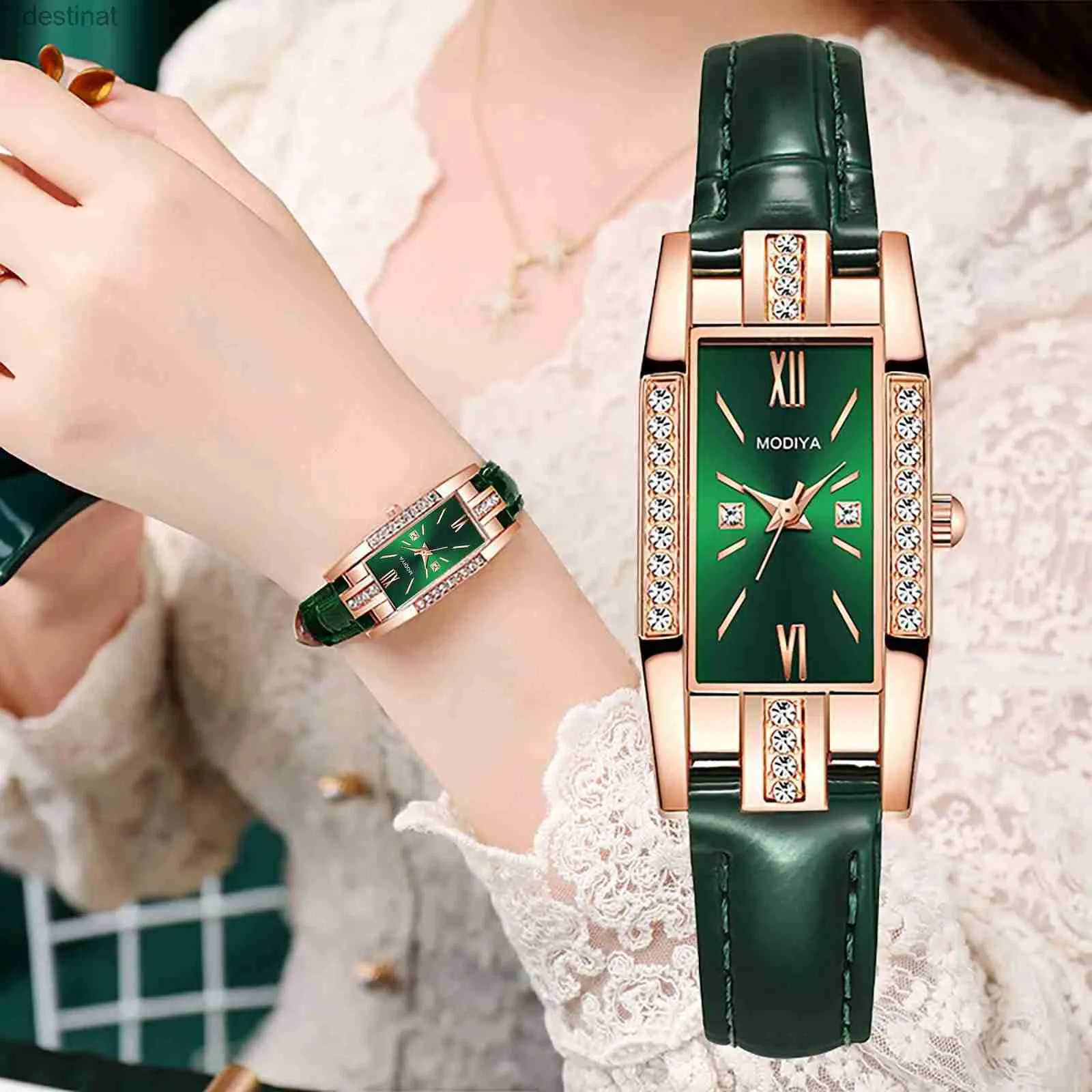 Dameshorloges Dameshorloges Mode Vierkant Dames Quartz Horloge Armband Set Groene Wijzerplaat Eenvoudig Leer Luxe DameshorlogesL231216