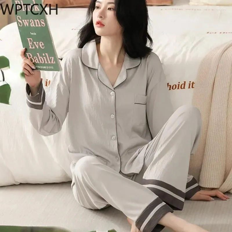 Vrouwen Nachtkleding Pamas Lente Herfst Katoenen Garen Lange Mouwen Tweedelige Set 2023 Losse Grote Maat Homewear Loungewear