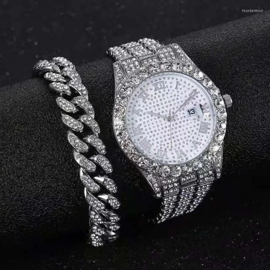 Montres-bracelets Iced Out Bracelet Montres pour hommes Montre complète Quartz Montre-bracelet Hip Hop Gold Diamond Mens Set Reloj DropWristwatches T203o