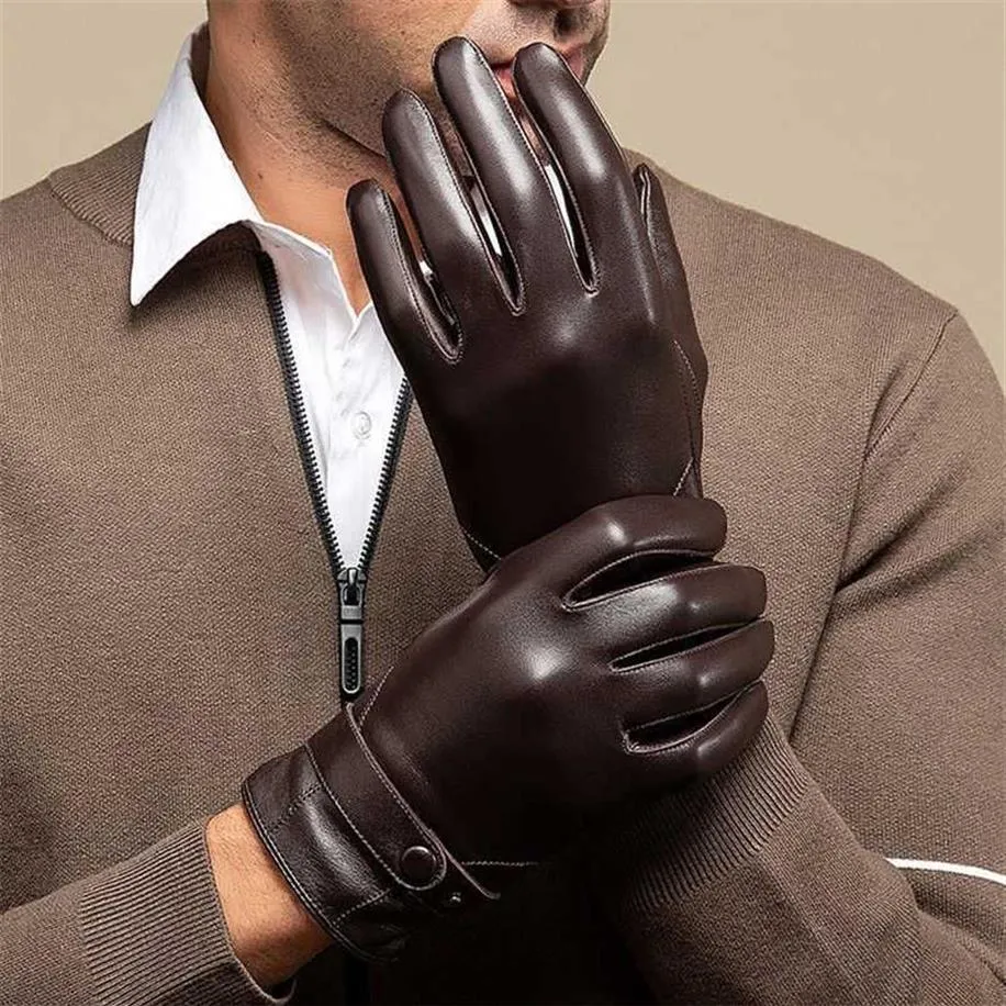 Autumn Men Business Sheepskin Leather Gloves Winter Full Finger Touch Screen Black Gloves Riding Motorcykelhandskar NR196 211224230N