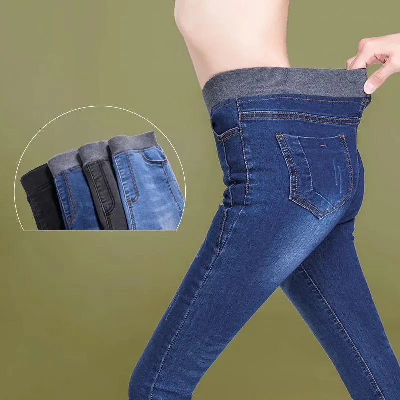 Calças de brim 2019 outono jeans para mulheres estiramento calças jeans magro cintura alta elástica senhoras calças tamanho grande lápis feminino r377