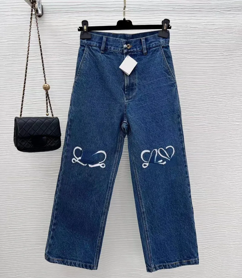 Trendiga varumärke kvinnors jeans klassiska tryckt logotyp casual lösa jeans raka benbyxor