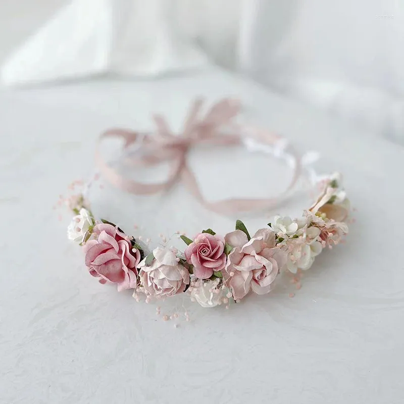 Hårtillbehör dammig rosa rodnad vit blomma flicka krona baby pannband