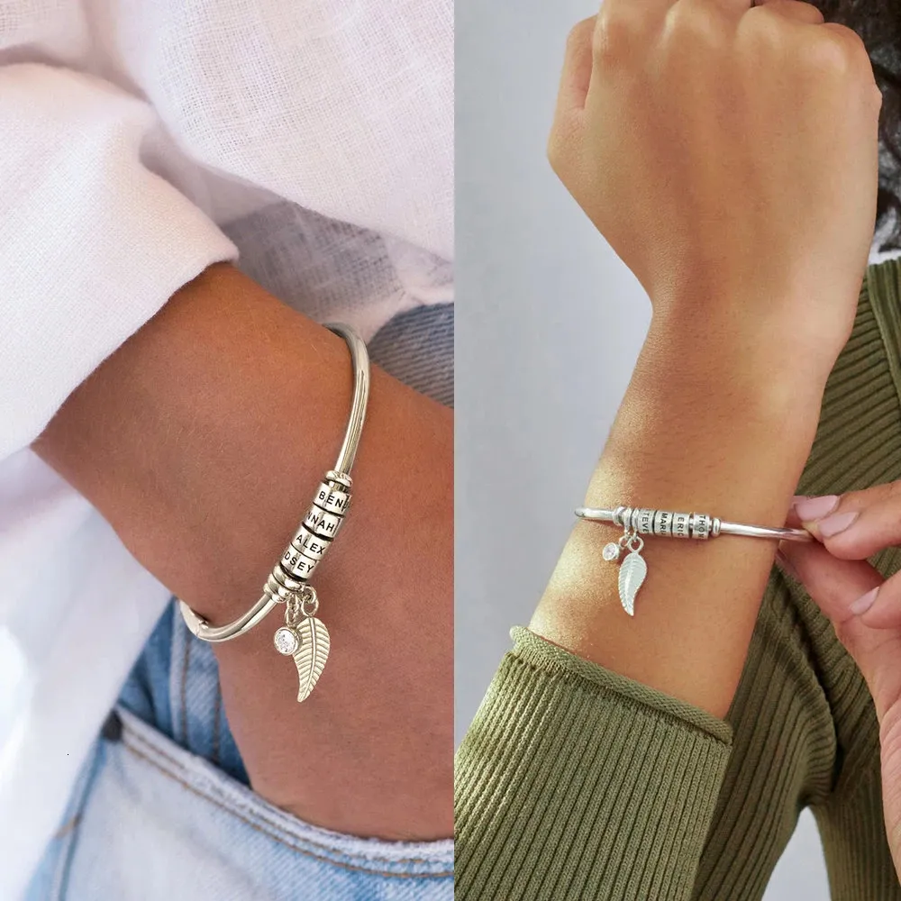 Charm Bracelets Personalized Women Bracelet Cuff Custom Family Name Stainless Steel Open Bangles 12 Colors Birthstone Bohemia Leaf Mothers Day 231215