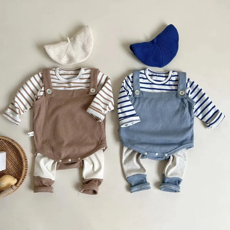 Strampler Herbst Geboren Junge Gerippte Hosenträger Body Mädchen Baby Gestreiften Langarm T-shirt Säuglings Baumwolle Spleißen Leggings Kinder Kleidung