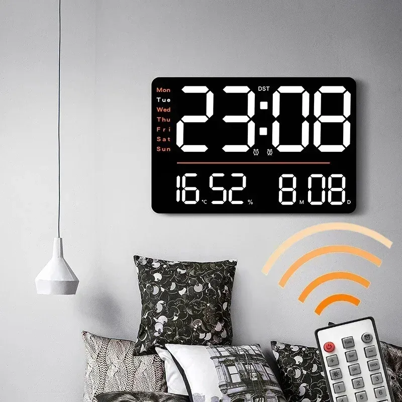 Desk Table Clocks LED Large Digital Wall Clock Remote Control Temperature Date Week Display Adjustable Brightness Modern Living Room Alarms Clocks 231215