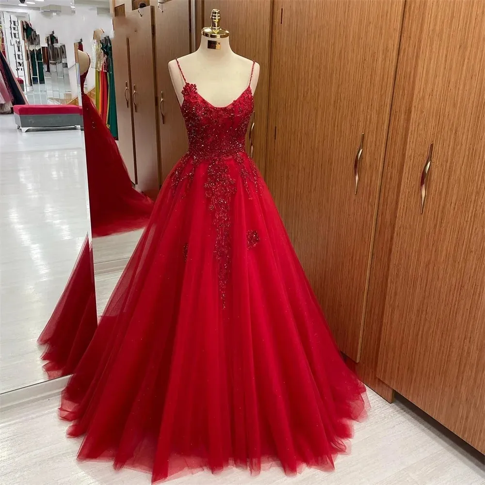 nice formal short dresses Elegant Long Red Spaghetti Straps Sequins Lace Sleeveless Prom Dresses Long  Slit Online main image 1