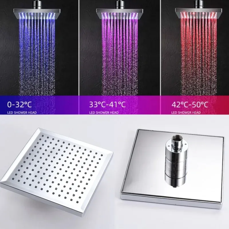 Banyo Duş Başlıkları LED Yağış Kafası Pommeau De Douche Meydanı Otomatik olarak RGB Renk Değiştirme Sıcaklık Sensörü Su Duş Başlığı 231216