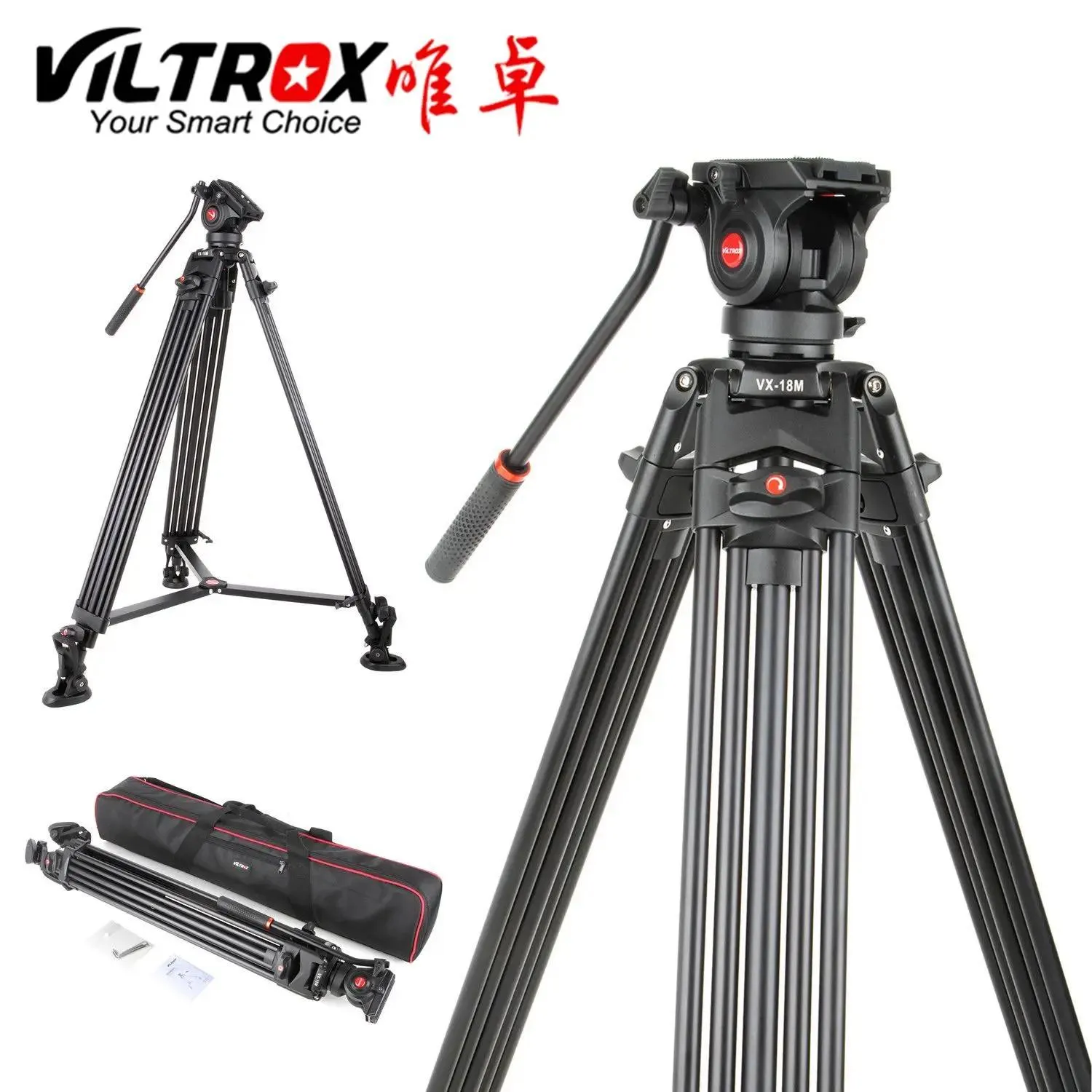 Accessoires Viltrox VX18M 1,88 M Trépied portable professionnel Trépied vidéo robuste Tête fluide en aluminium antidérapant 10 kg pour caméscope