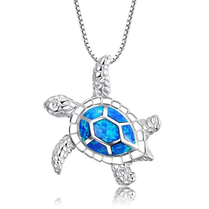 Nova moda bonito prata cheia azul opala mar tartaruga pingente colar para mulheres feminino animal casamento oceano praia jóias gift237o
