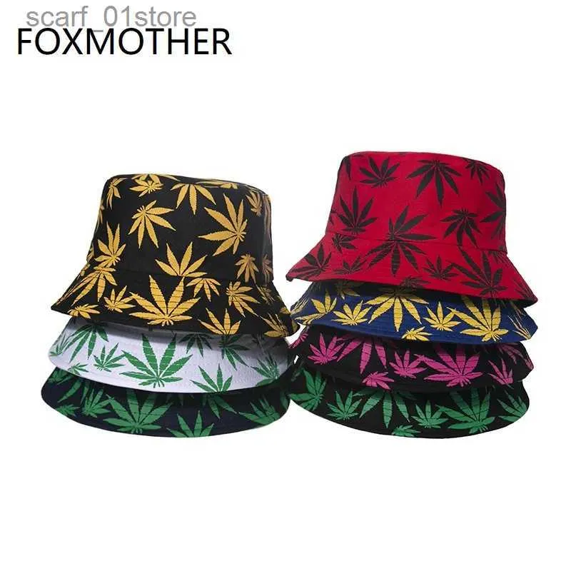 Wide Brim Hats Bucket Hats FOXMOTHER New Punk Black Green Red Leaf Weed Fisherman Cs Bucket Hats Hip Hop Gorro Outdoor Men DropshippingL231216