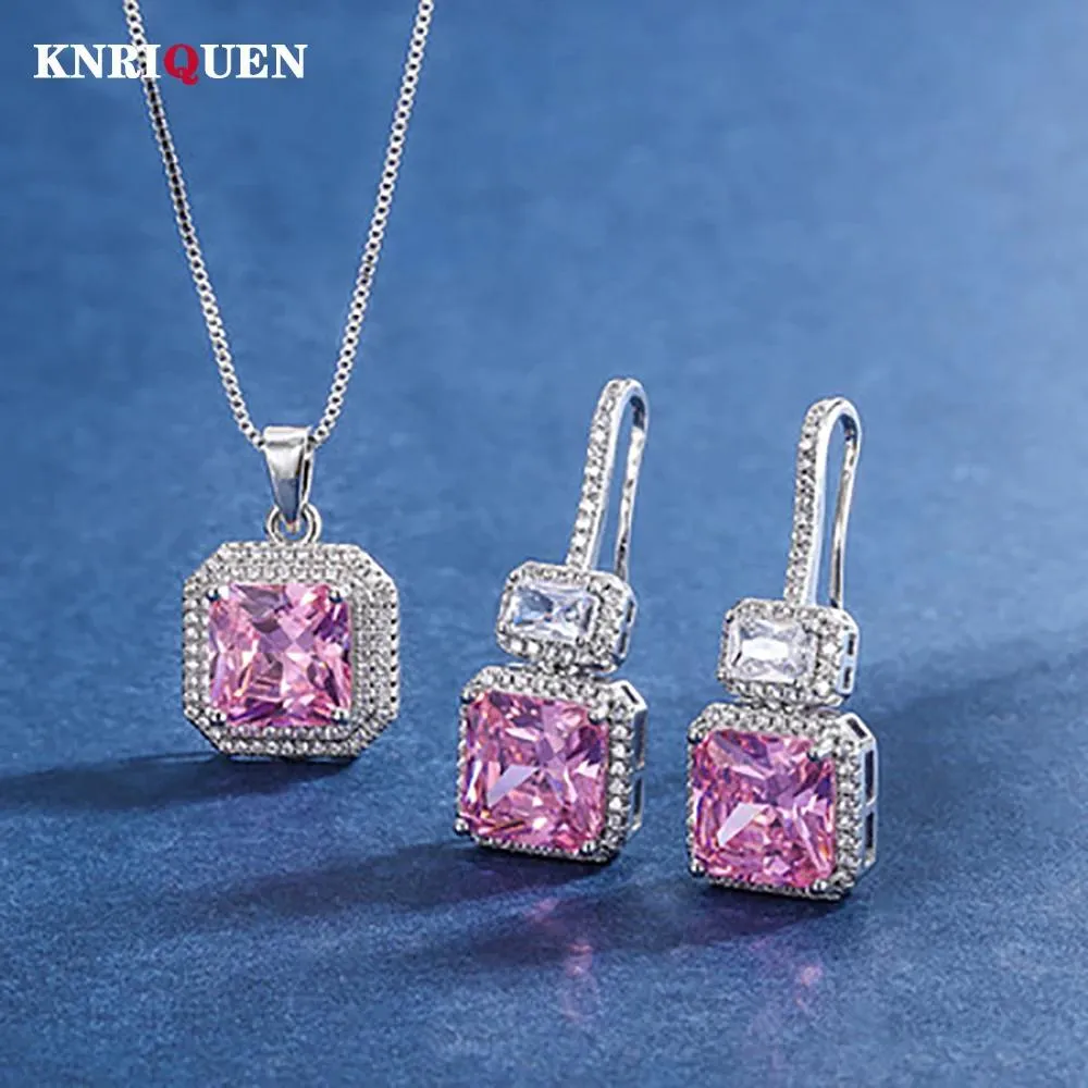 Uppsättningar 2021 Trend 10*10mm Pink Quartz Gemstone Wedding Party Jewelry Set Drop örhängen hänge halsband charms födelsedagspresent för kvinnor