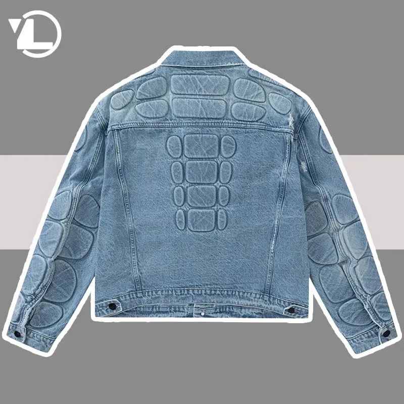 Männer Jacken Retro Convex Turtle Shell Denim Jacke Männer Hip Hop Ripped Loch Lose Harajuku Bomber Mäntel Abgeschnitten Straße Herbst Jeans outwear 231215