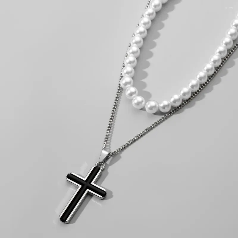 Pendant Necklaces Fashion Style Men's Double Pearl Black Cross Necklace.