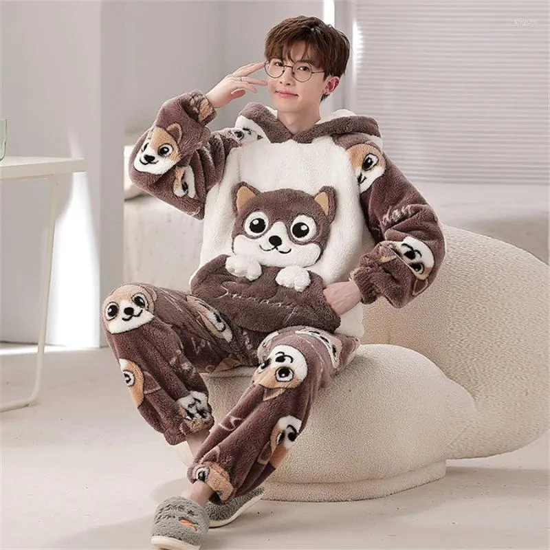 Heren slaapkleding herfst winter pluche cartoon cartooned pyjama's set schattige verdikte warm koraal fluweel huiskleding oversized loungewear