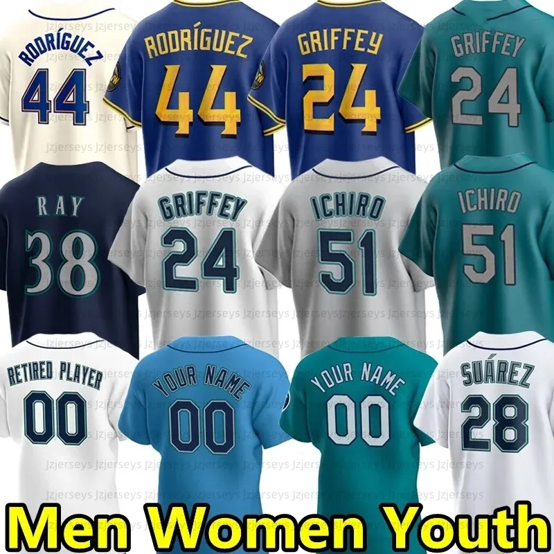 Mens Kids Womens Julio Rodriguez Baseball Jerseys Ken Griffey Jr. Ichiro Suzuki Teoscar Hernandez Ty França Jarred Kelenic Robbie Ray Eugenio Suarez Men Jersey