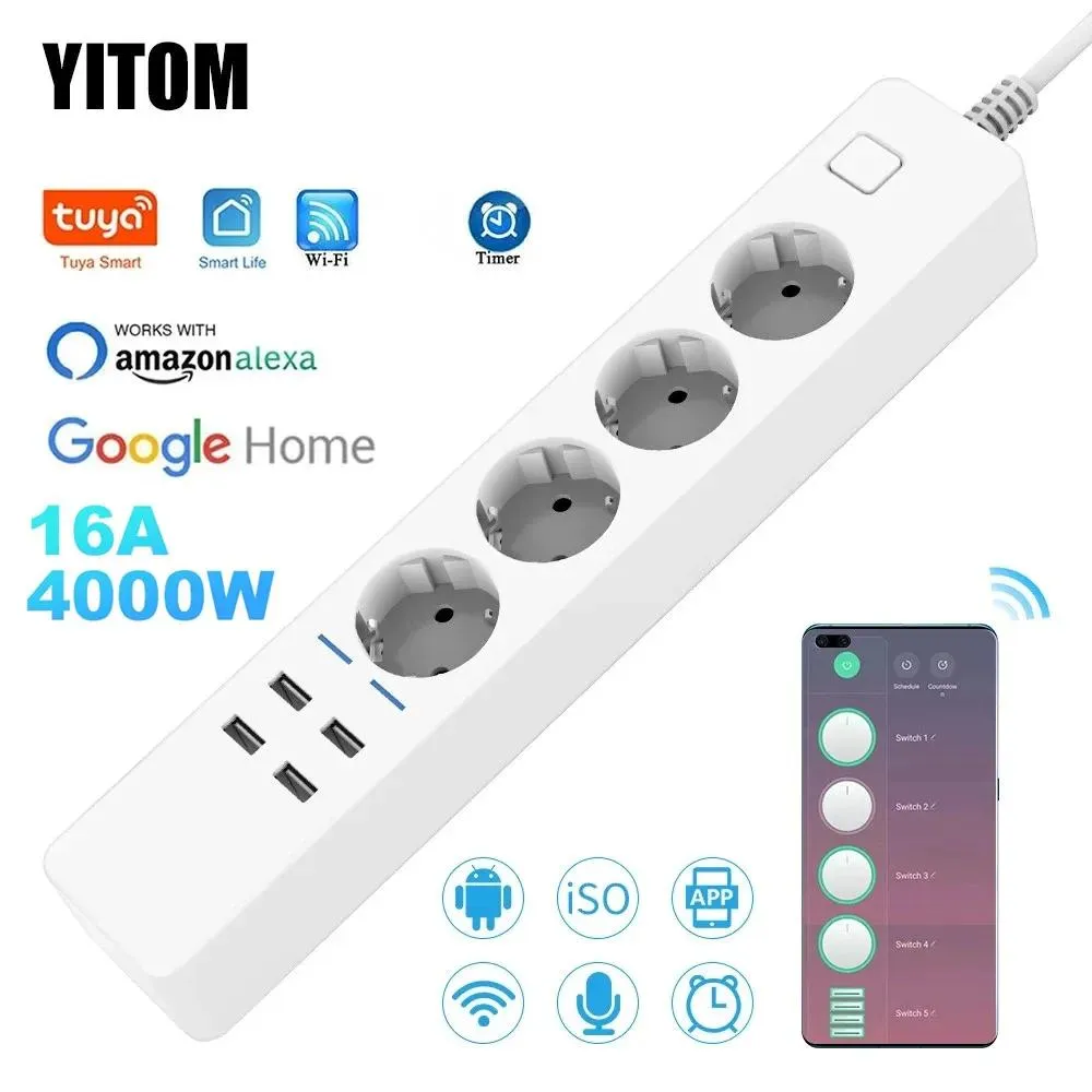 Plugues Smart Power Strip Wifi 4 tomadas da UE Plug 4 Porta de carregamento USB Timing App Controle de voz Trabalho com Alexa Google Home Assistant