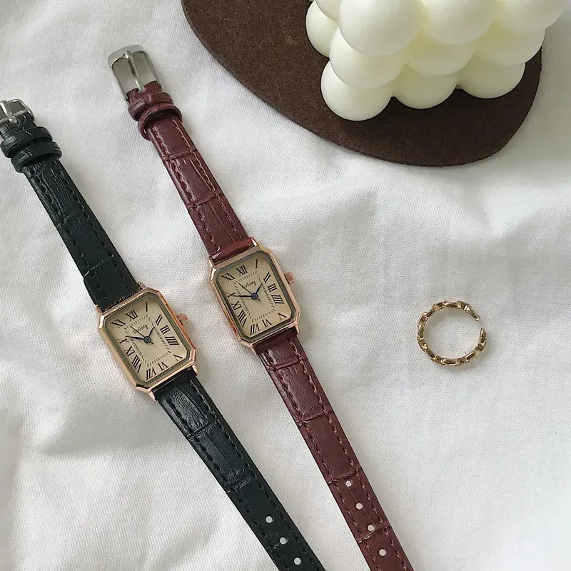 Wristwatches The Rectangle Minimalist Women Ultra Thin Watches Leather Band Antique Roman Dial Scale Quartz Watch Relogio Feminina 231215