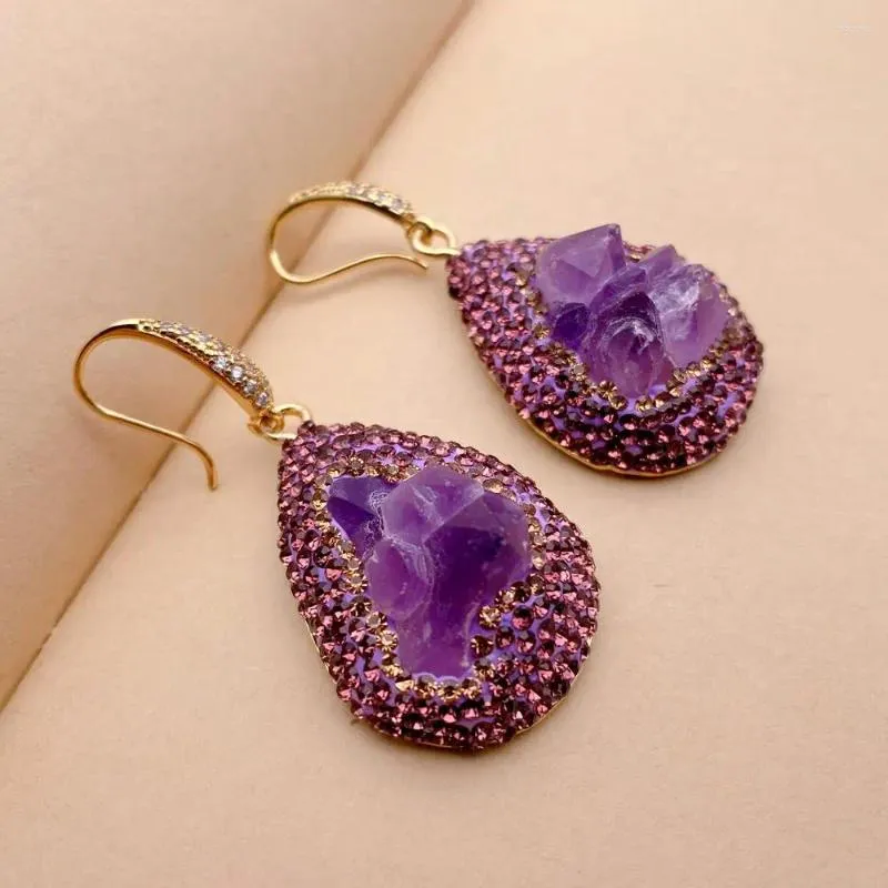 Dangle Earrings YYGEM 24x30mm Natural Amethyst Rough Raw Crystal Pave Drop Party Gifts Jewelry