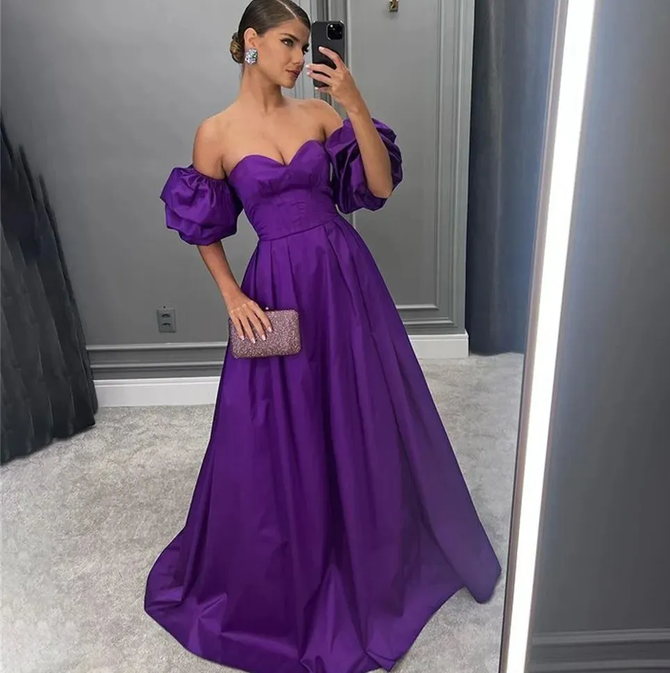 open lace back dress Lavender Floral Appliques Puff Sleeves A-Line Long Prom Dress Lavender / US 6 main image 1