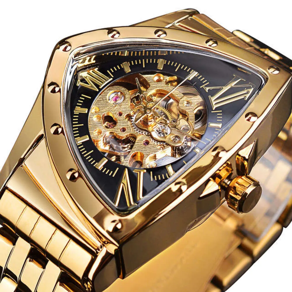 Neu Kommen Gold Vintage Wasserdichte Design Mann Männer Handgelenk Dreieck Armbanduhren Skeleton Automatische Mechanische Uhr